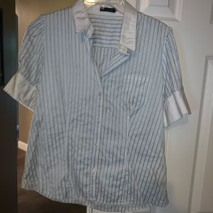 White and blue striped express blouse short sleeve